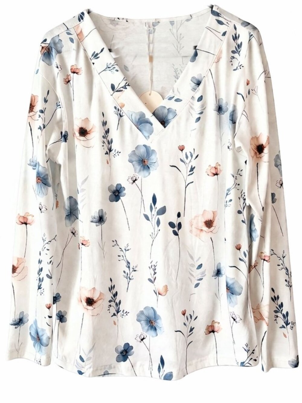 Women’s Boho Long Sleeve Tunic Top V Neck White With Flowers Size L NEW